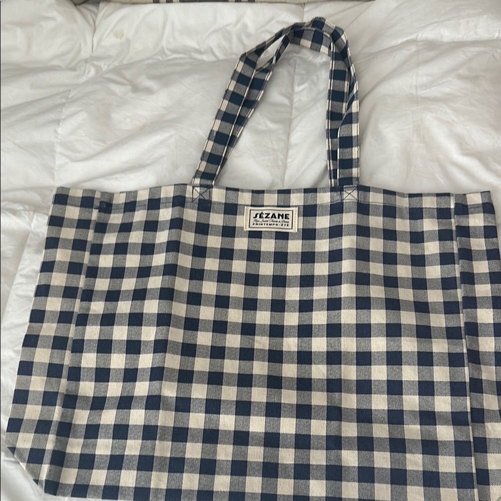 Sezane Blue and White Checkered Tote Bag